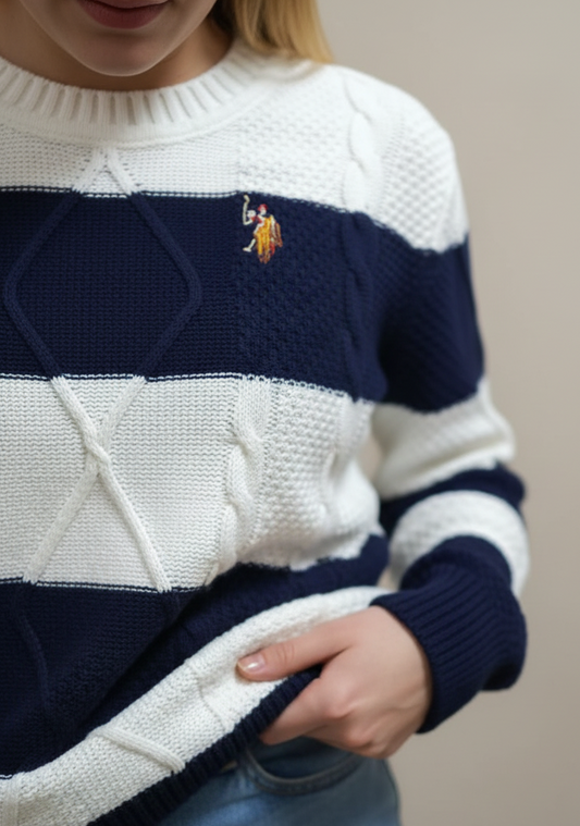 US Polo Striped Cable Knit Crewneck