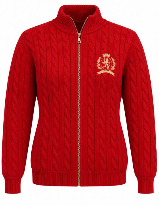 Red cable knit zip-up cardigan with gold embroidered crest