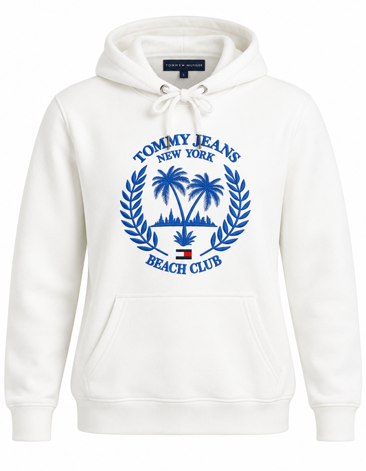White women's hoodie with blue embroidered Beach Club crest – front view