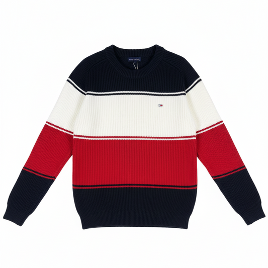 Women's navy, cream and red striped colorblock knit sweater