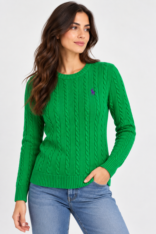 Green RL Polo cable knit sweater styled with jeans