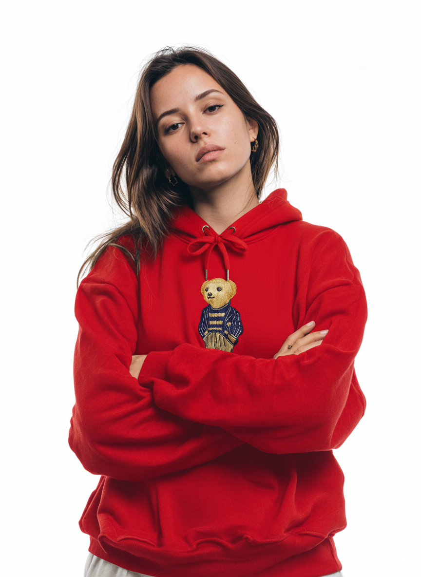 Woman wearing red embroidered teddy bear hoodie