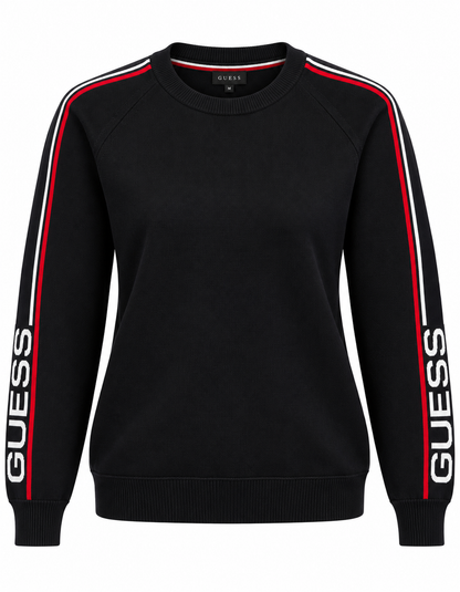 Black Guess knit crewneck sweater with logo sleeve stripes
