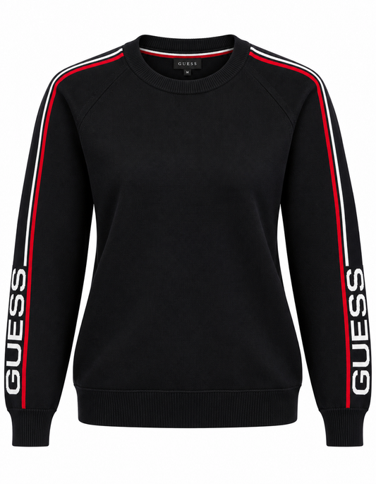 Black Guess knit crewneck sweater with logo sleeve stripes