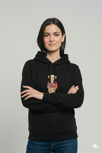 Woman wearing black embroidered teddy bear hoodie