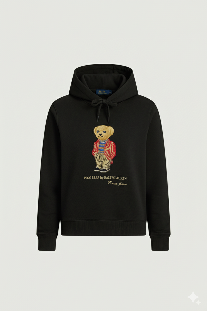 Black women's hoodie with embroidered teddy bear design