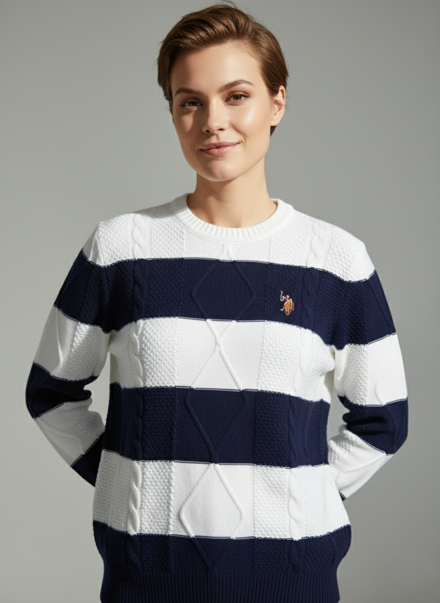 US Polo Striped Cable Knit Crewneck