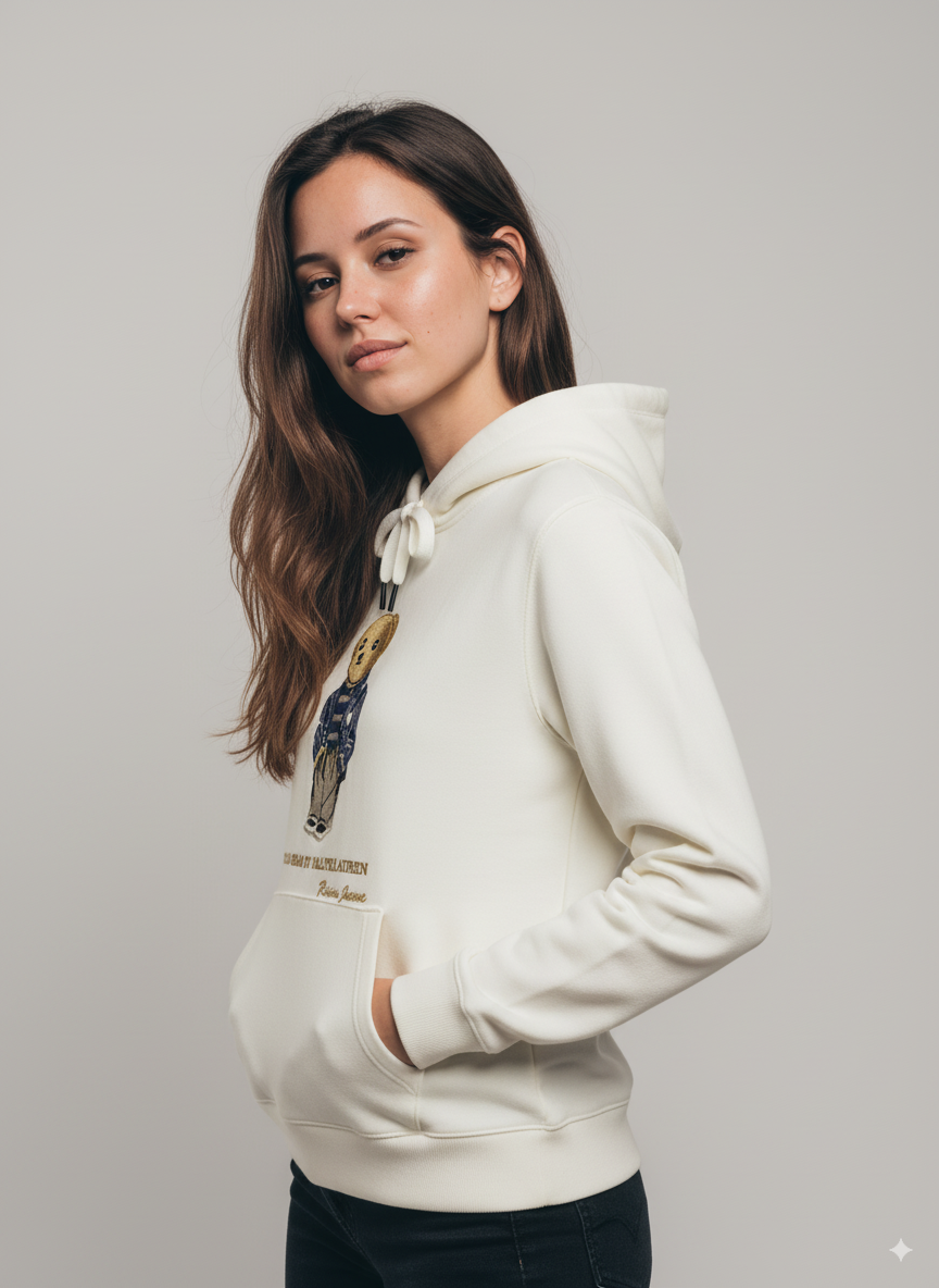 Woman wearing off-white embroidered teddy bear hoodie