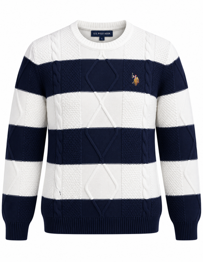 US Polo Striped Cable Knit Crewneck