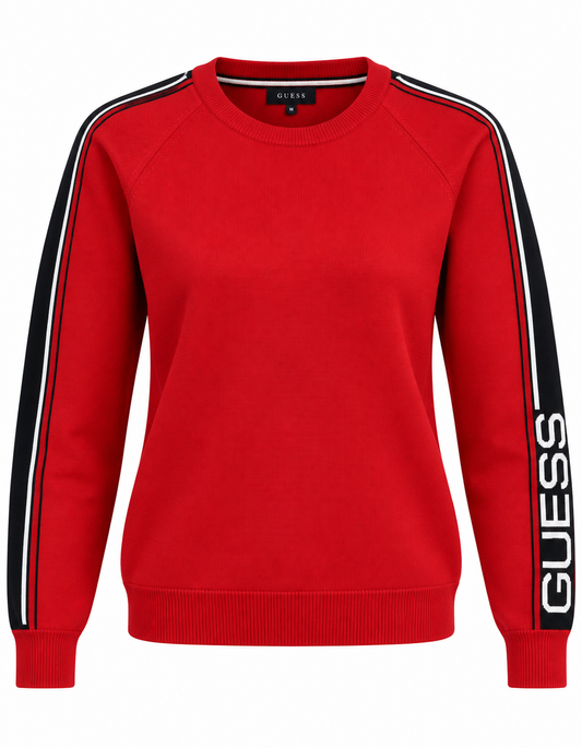 Red Guess knit crewneck sweater with logo sleeve stripes
