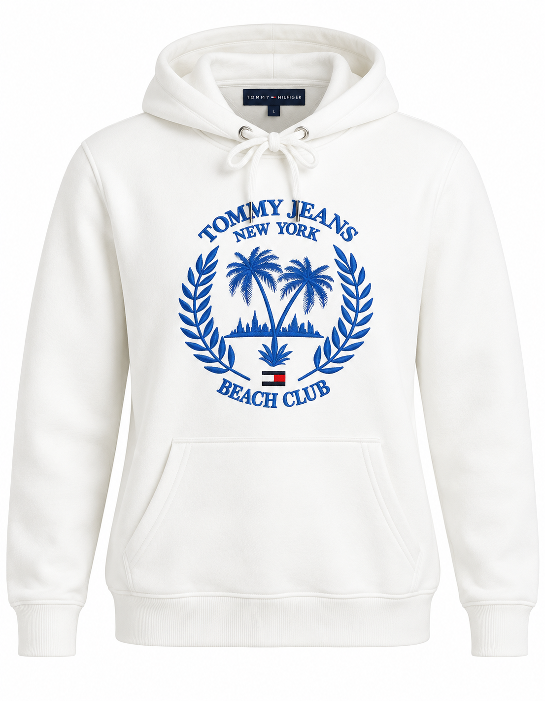 White women's hoodie with blue embroidered Beach Club crest – front view