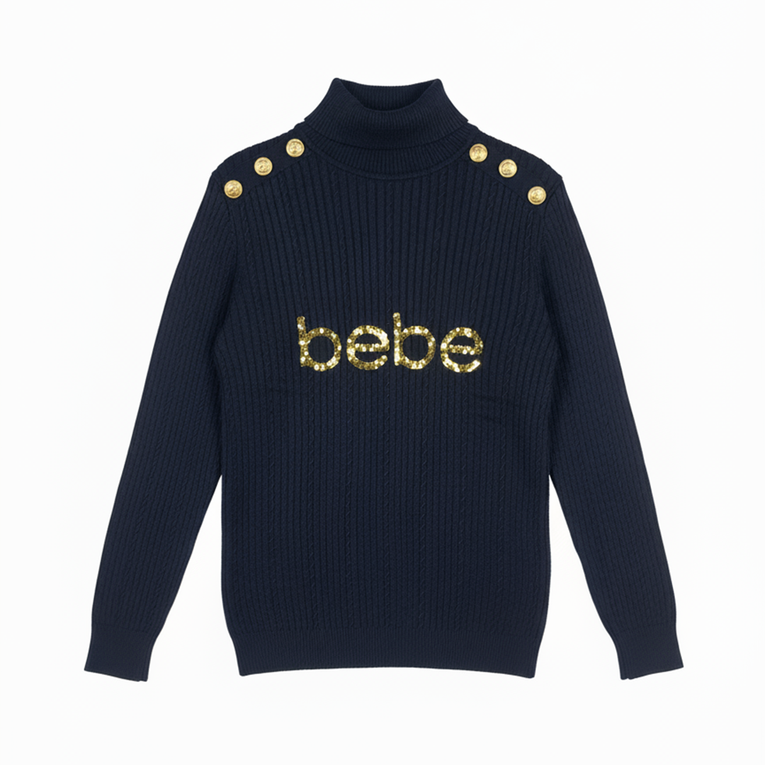 Black bebe turtleneck knit sweater with gold logo