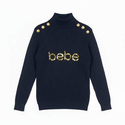 Black bebe turtleneck knit sweater with gold logo
