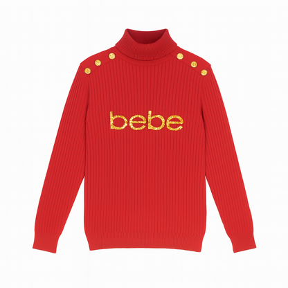 Red bebe turtleneck knit sweater with gold logo