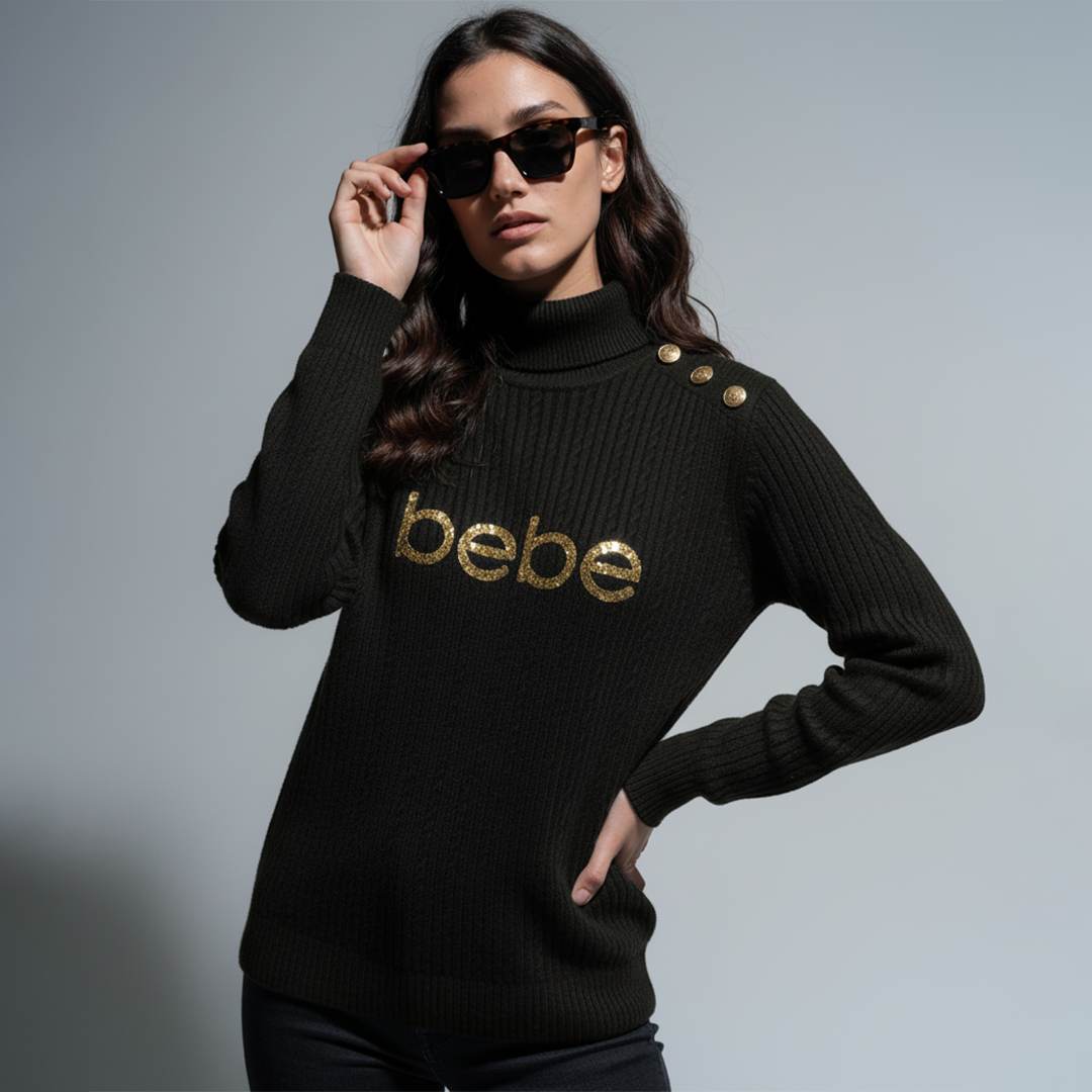 Model wearing black bebe turtleneck knit sweater