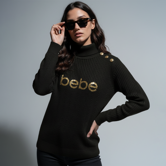 Model wearing black bebe turtleneck knit sweater