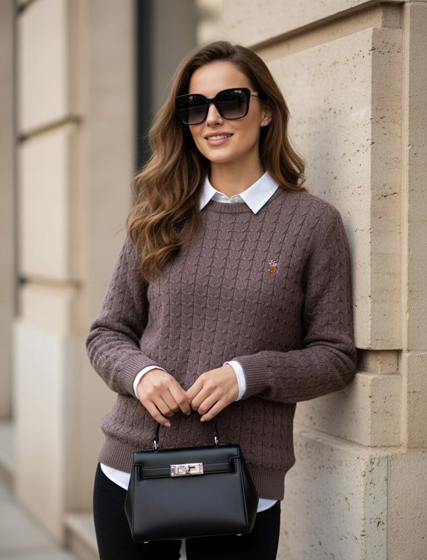 Woman wearing cafe cable knit crewneck sweater