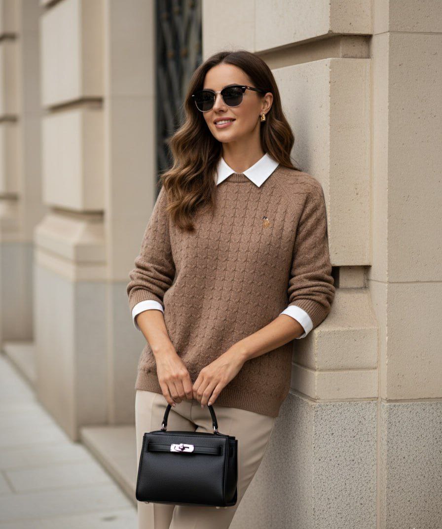 Woman wearing gold cable knit sweater over a white collared shirt