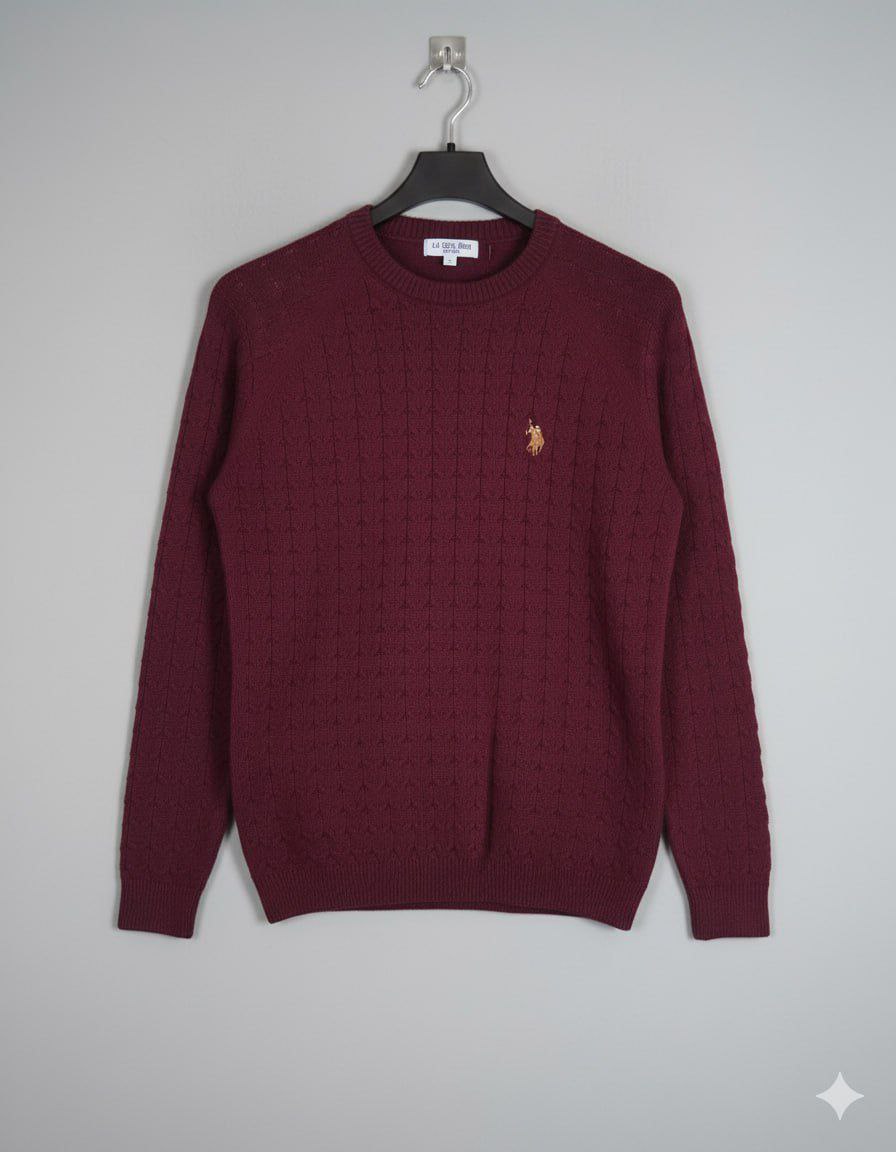 Burgundy women's cable knit crewneck sweater – front view