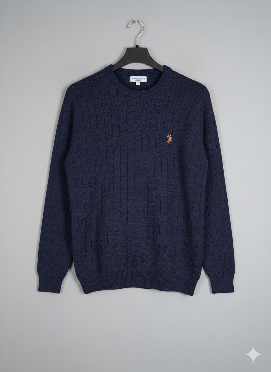 Navy women's cable knit crewneck sweater – front view