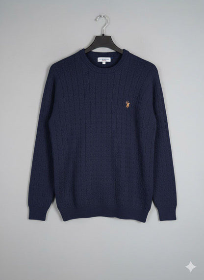 Navy women's cable knit crewneck sweater – front view