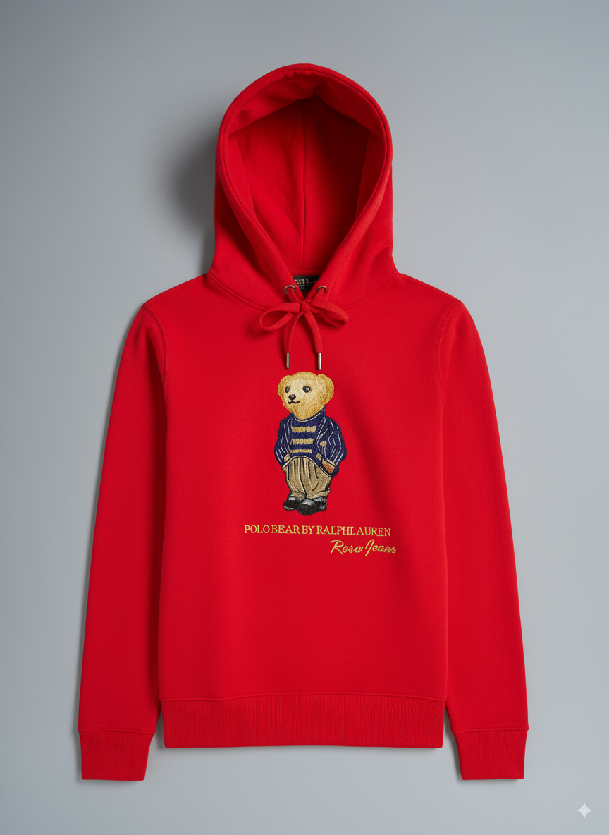 Red women's hoodie with embroidered teddy bear design