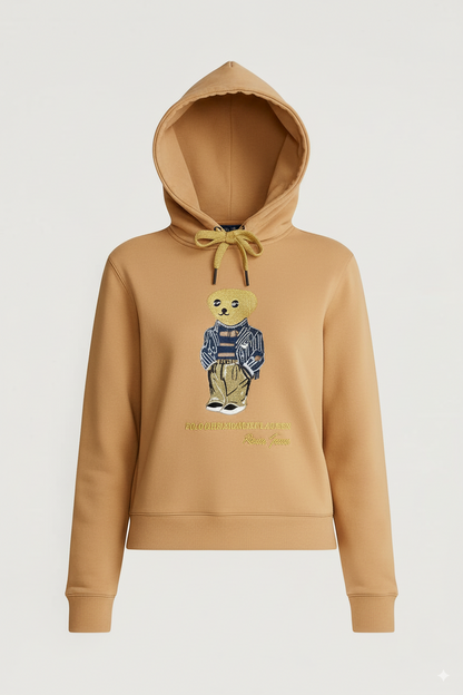 Camel women's hoodie with embroidered teddy bear design