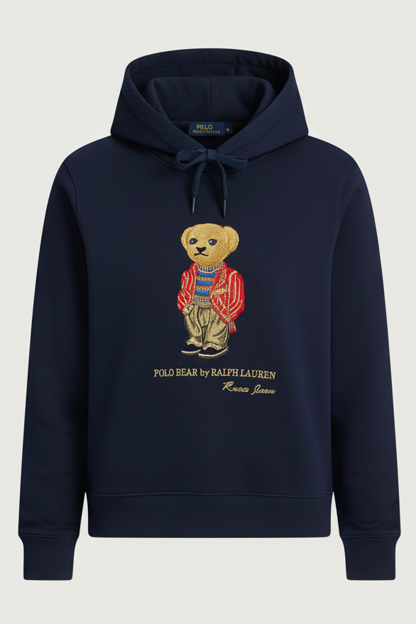 Navy women's hoodie with embroidered teddy bear design