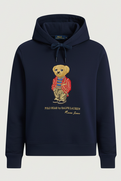 Navy women's hoodie with embroidered teddy bear design