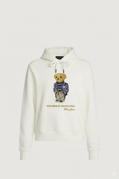 Off-white women's hoodie with embroidered teddy bear design