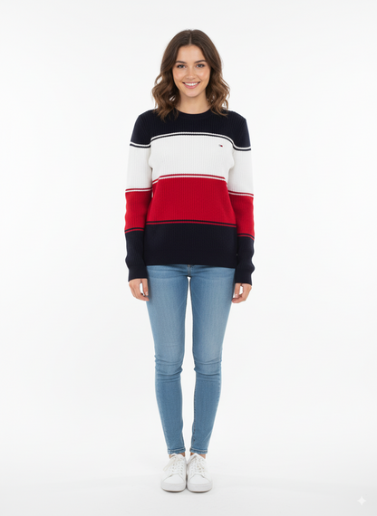 Women's colorblock knit sweater with crew neckline