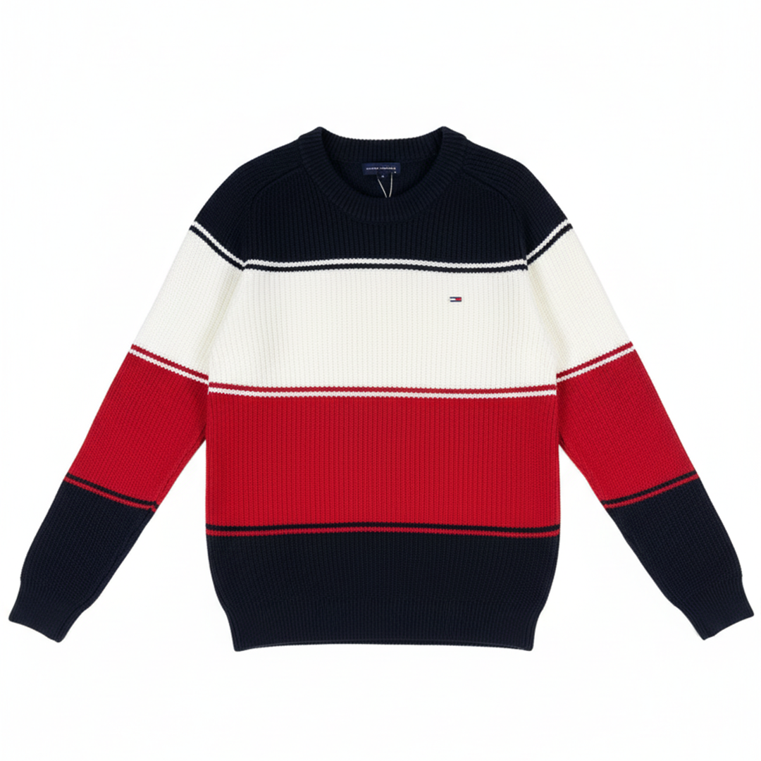 Women's navy, cream and red striped colorblock knit sweater