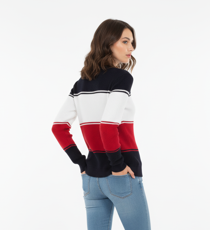 Striped colorblock knit sweater for women in navy, cream and red