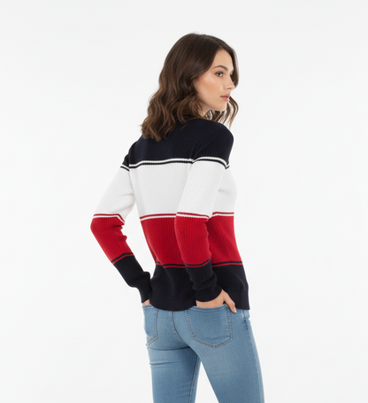 Striped colorblock knit sweater for women in navy, cream and red