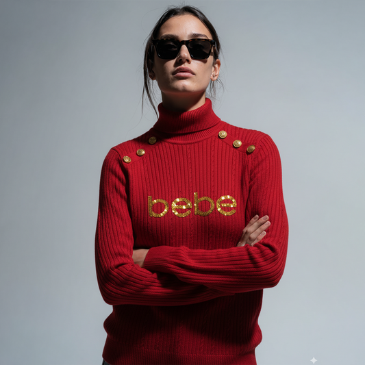 Model wearing red bebe turtleneck knit sweater