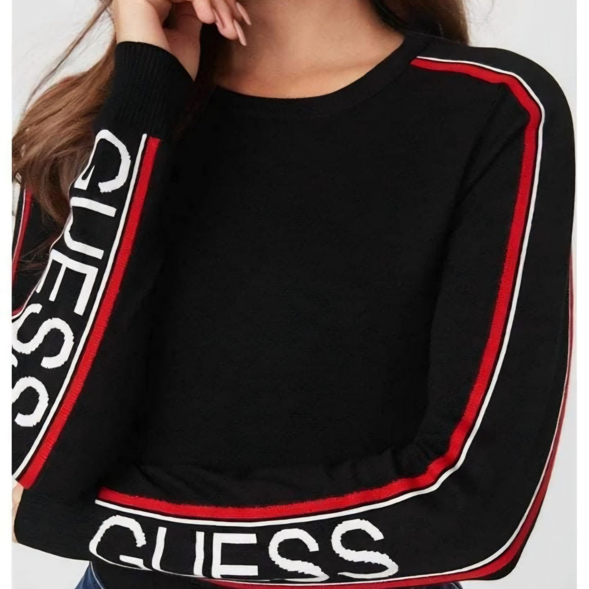 Black Guess knit sweater GUESS logo sleeve detail