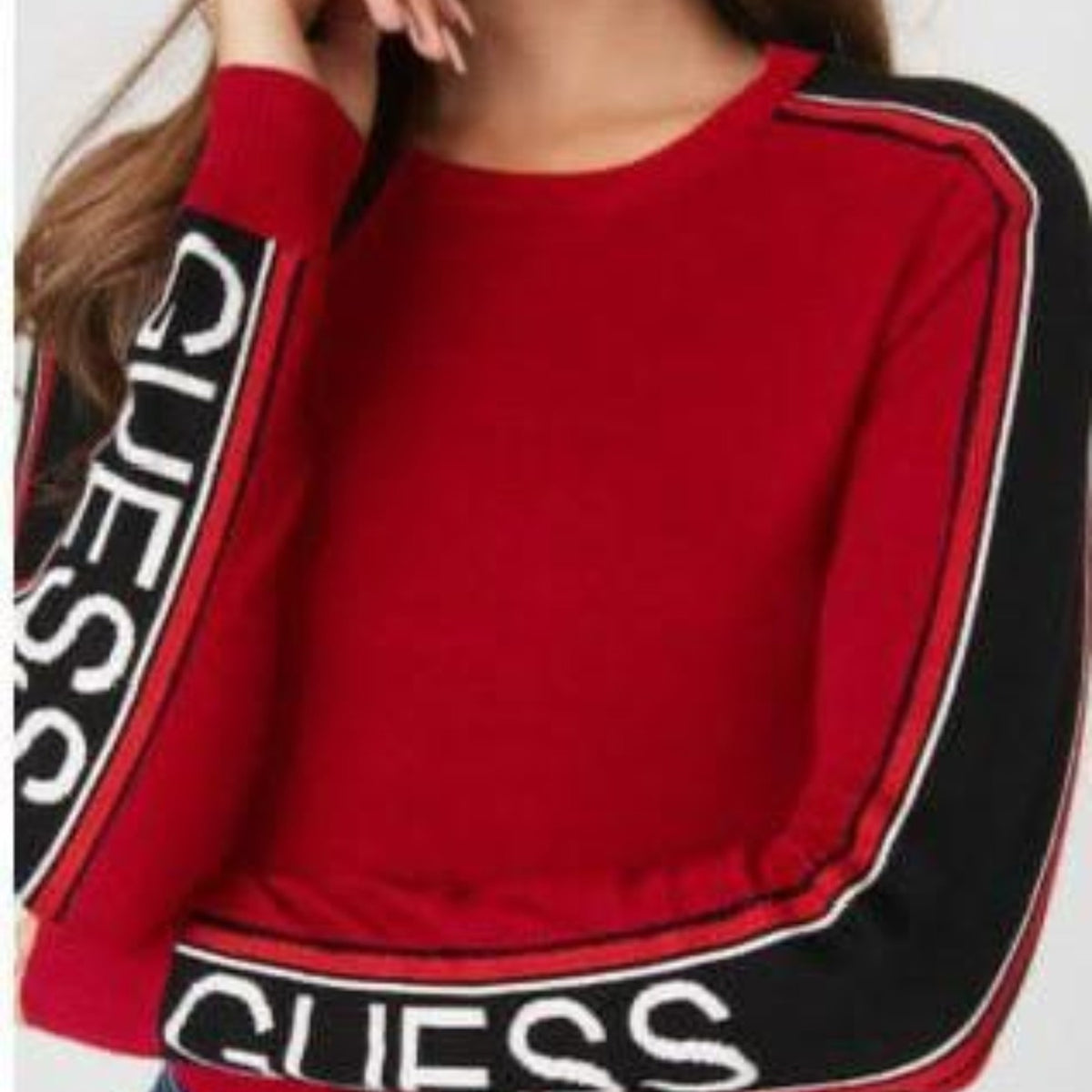 Red Guess knit sweater GUESS logo sleeve detail
