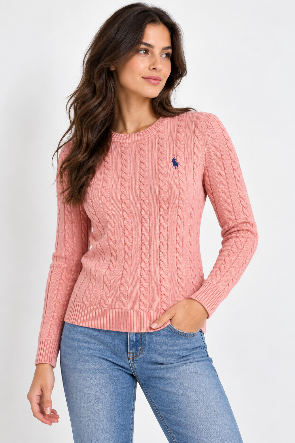 Model wearing Kashmir pink RL Polo cable knit sweater