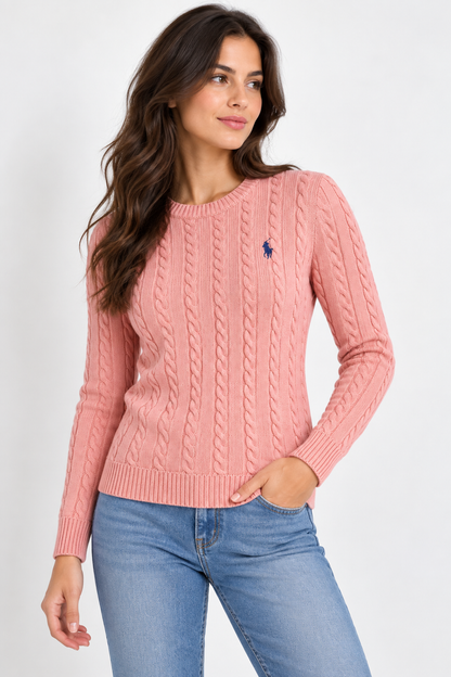 Model wearing Kashmir pink RL Polo cable knit sweater