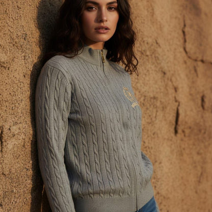 Gray cable knit zip-up cardigan with crest detail